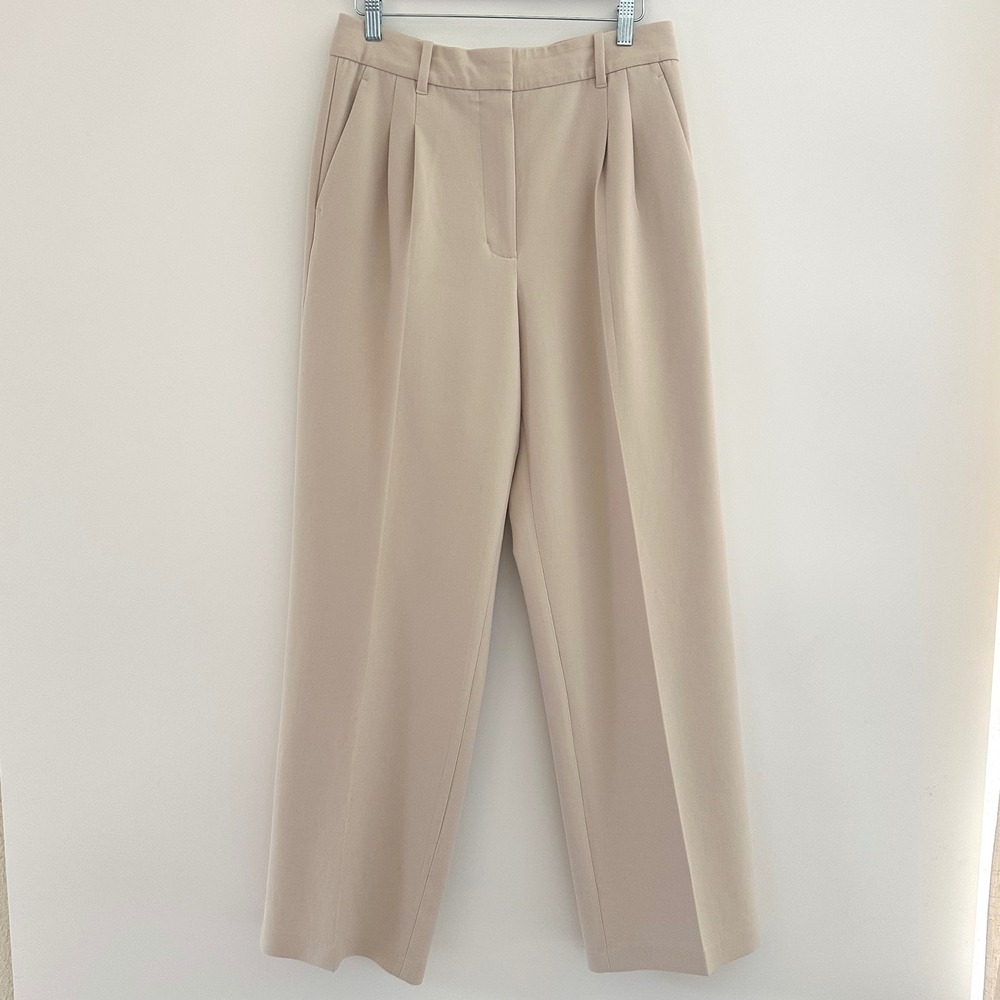 Aritzia Neutral Beige High-Waist Pleated Wide-Leg Trousers